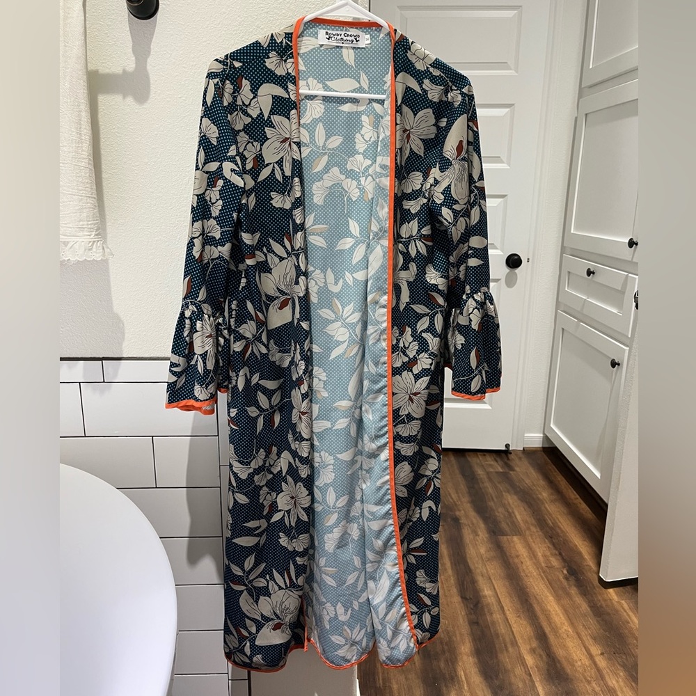 Rowdy Crowd Clothing Navy Floral Kimono with Orange Trim